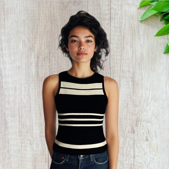 VINTAGE ERIK STEWART COLLECTION -- Sleeveless Shell, Black & White Horiz. Stripe - Picture 1 of 7
